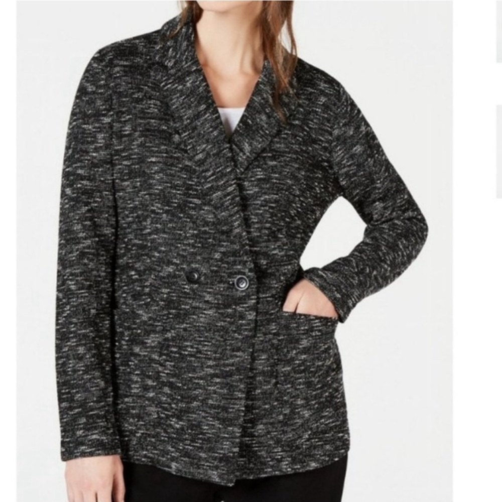 EILEEN FISHER Black and White Tweedy Organic Cotton Knit Blazer Jacket, Medium